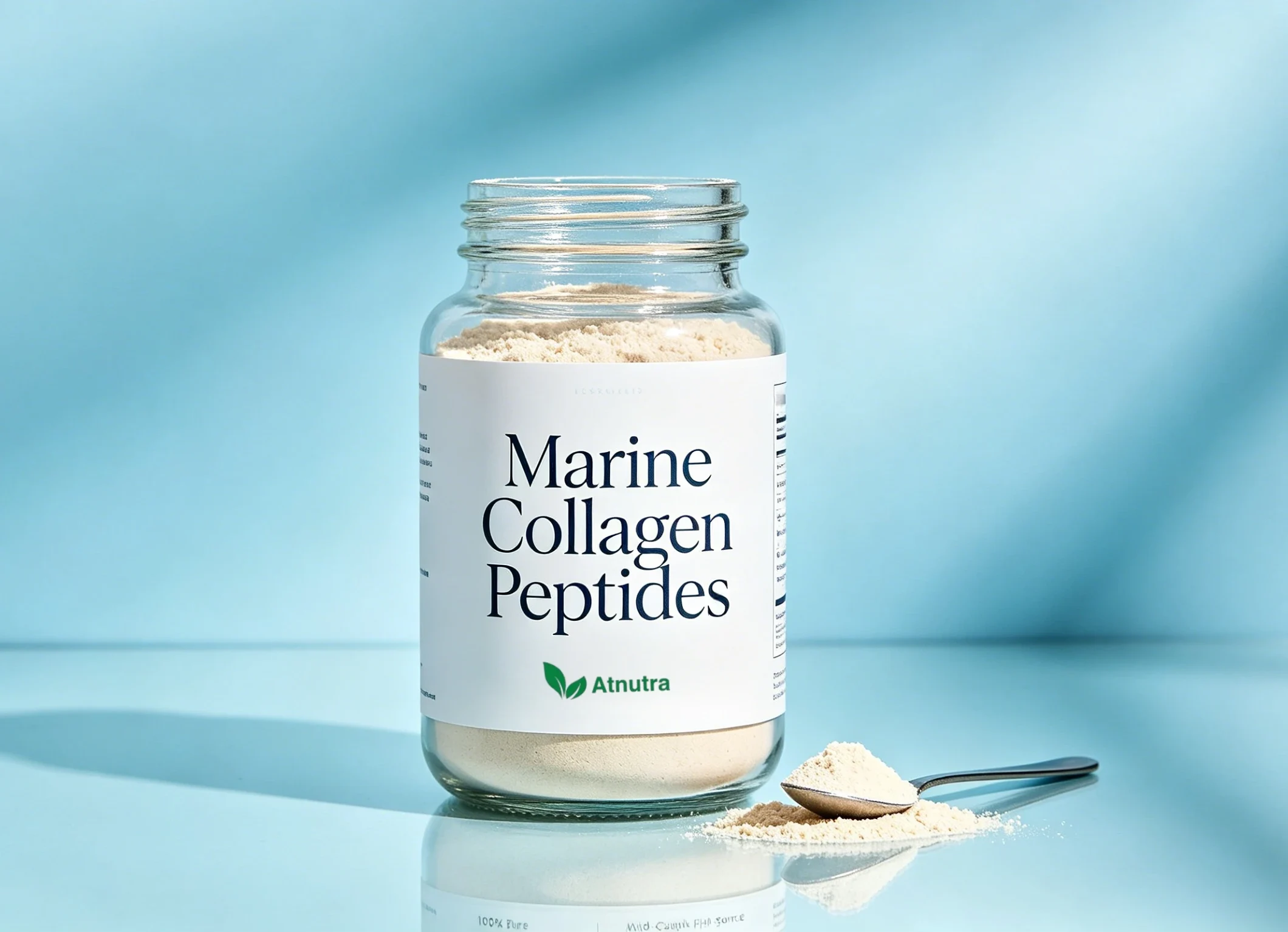 Atnutra 20kg drum of bulk marine collagen powder with batch label AT240512 and ingredient specification, stacked on pallet in USA warehouse.