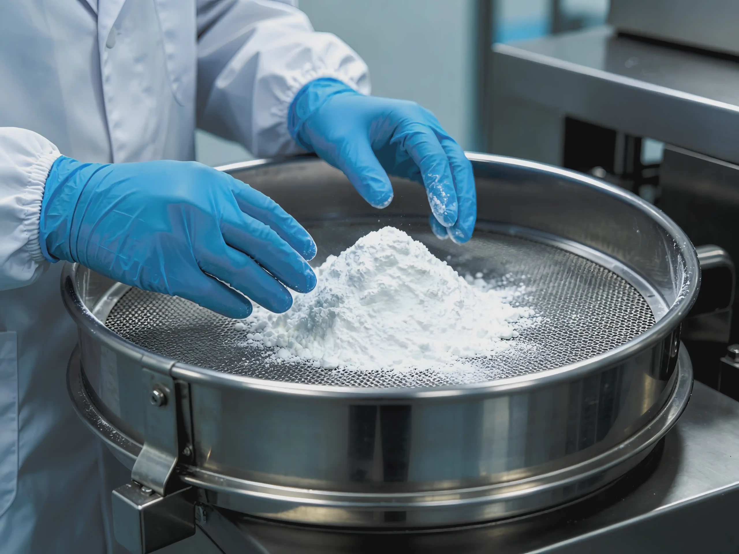 Quality control laboratory testing of Atnutra marine collagen peptides — technician pipetting sample for HPLC analysis of molecular weight and hydroxyproline.