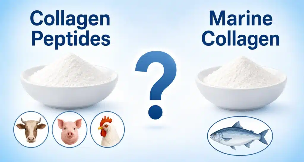 Collagen peptides vs marine collagen comparison cover image showing sources from animals and fish