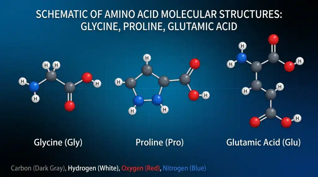 Molecular structures of glycine, proline, and glutamic acid – key amino acids in sea cucumber protein