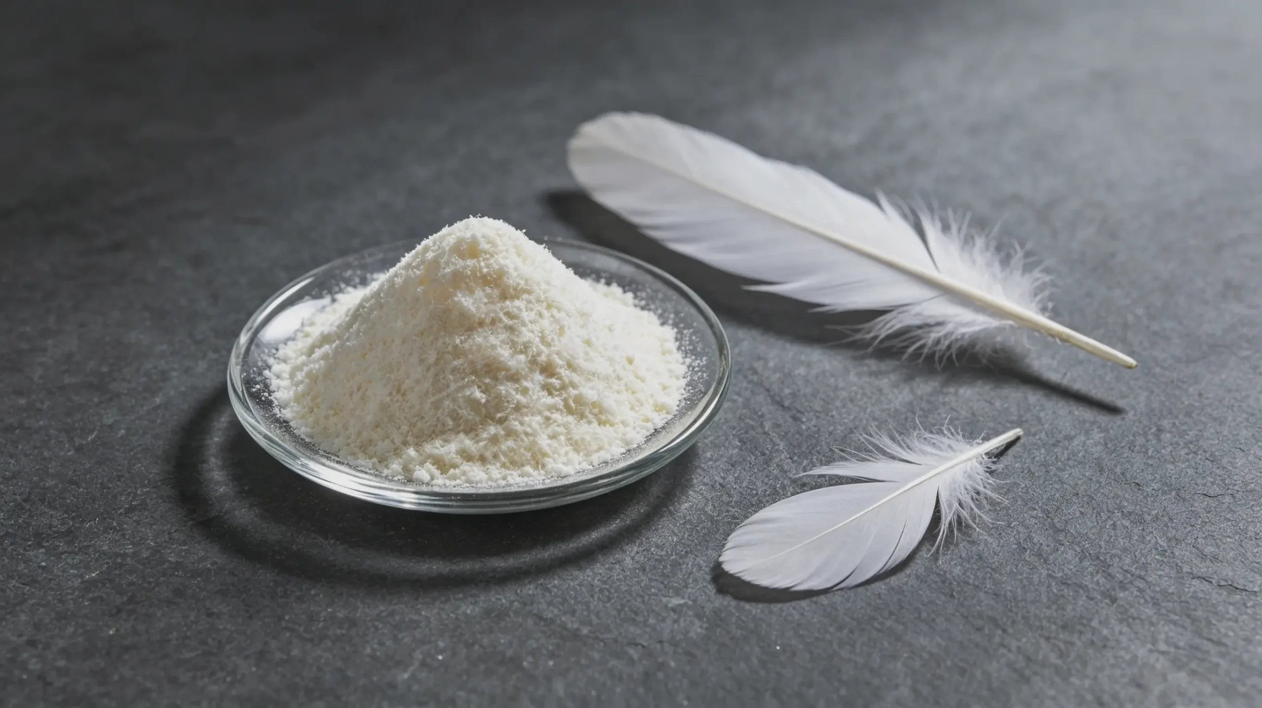 Hydrolyzed keratin peptide powder supplier - 20kg bag on stainless steel table with feather background in GMP production facility