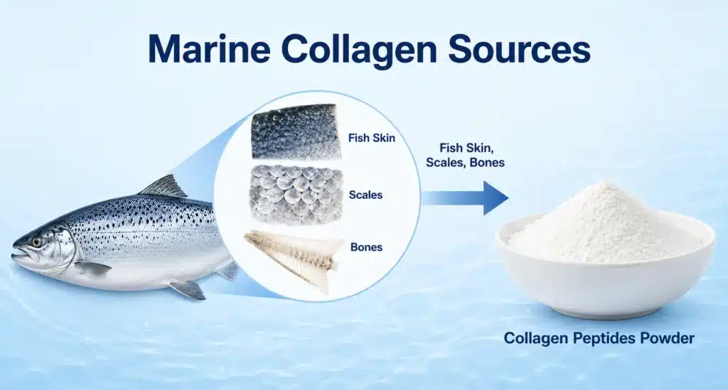 Marine collagen sources diagram showing fish skin, scales, and bones processed into collagen peptides powder
