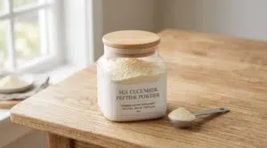 Sea cucumber peptide powder in a jar with a measuring spoon – final product from sea cucumber protein processing