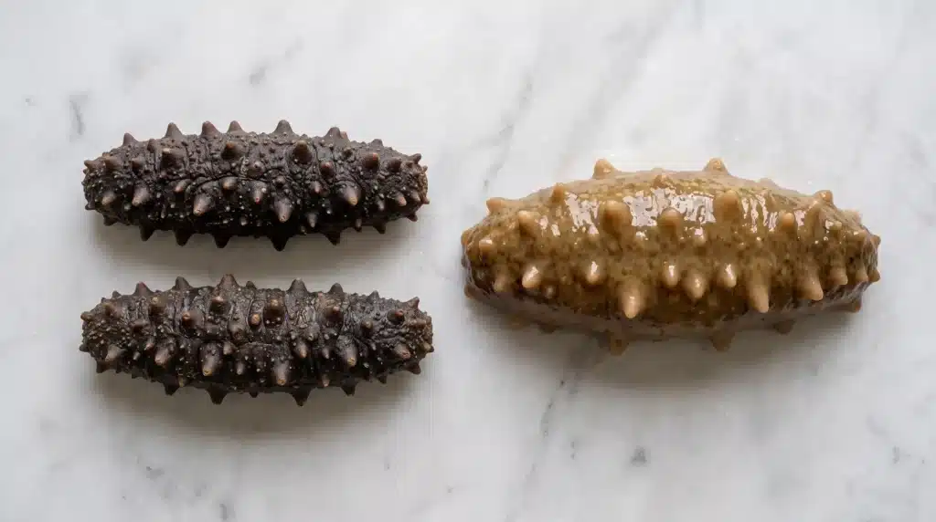 Two dried sea cucumbers and one fresh sea cucumber for comparison of protein in sea cucumber sources