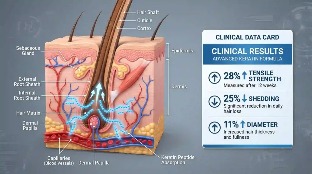 3D illustration of hydrolyzed keratin peptides absorbed by hair follicle for strength