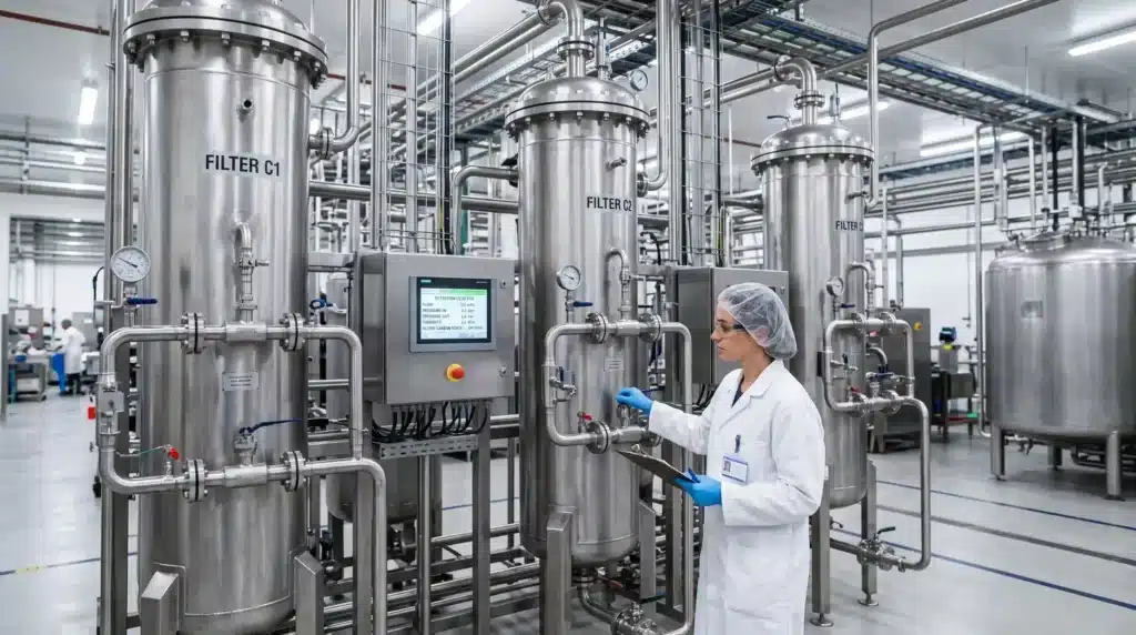 Industrial activated carbon filtration columns removing volatile amines and odor compounds from Bovine Collagen Type I & III during purification.