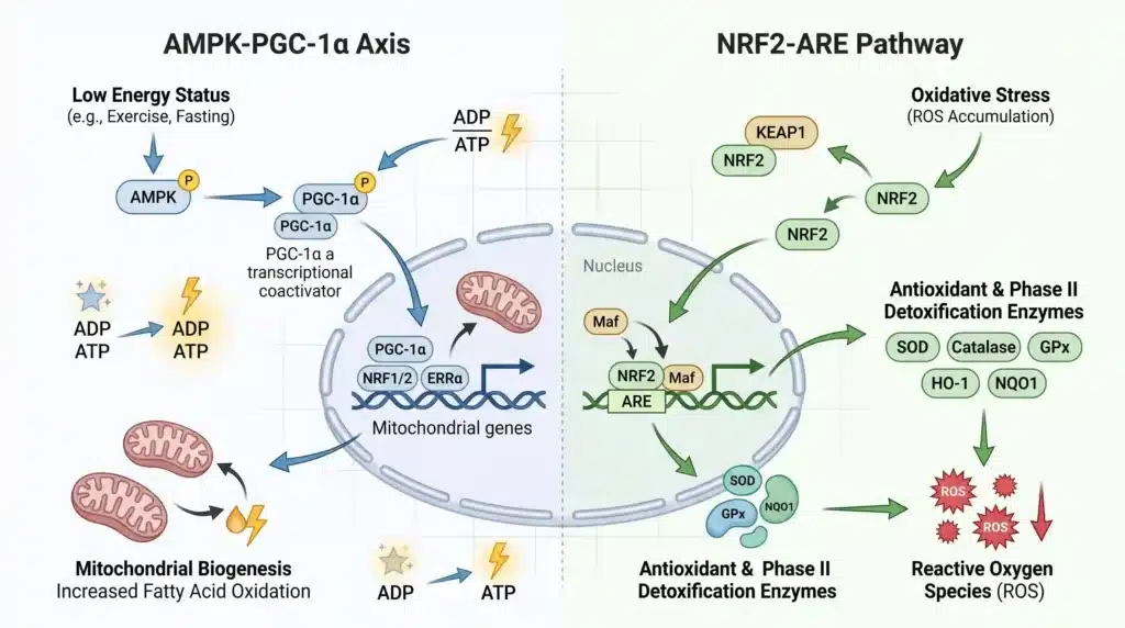 AMPK-PGC-1α and NRF2-ARE signaling pathways diagram for sea cucumber peptide energy mechanism