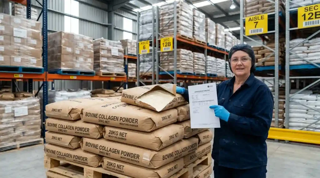 Atnutra 20kg moisture-barrier bulk bags of hydrolyzed Bovine Collagen Type I & III with Certificate of Analysis in North American warehouse.