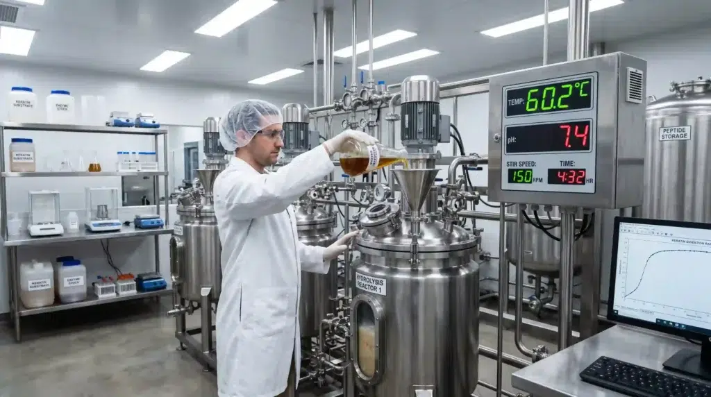 Enzymatic hydrolysis process for producing keratin powder to drink in a food science laboratory with bioreactor equipment
