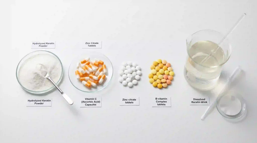 Flat lay of dietary supplement formulation ingredients including hydrolyzed keratin powder to drink with vitamins and minerals