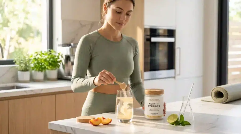 Person mixing a keratin powder to drink in a glass of water, healthy lifestyle supplement use scene