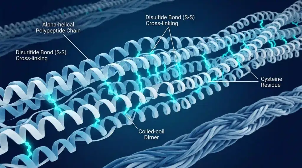 	Scientific illustration of native keratin molecular structure showing disulfide bonds and polypeptide chains