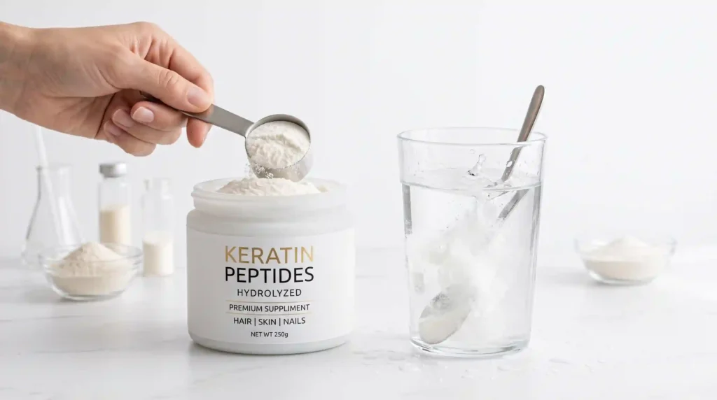 A scoop of hydrolyzed keratin powder to drink dissolving completely in clear water, showing full water solubility of premium keratin supplement powder