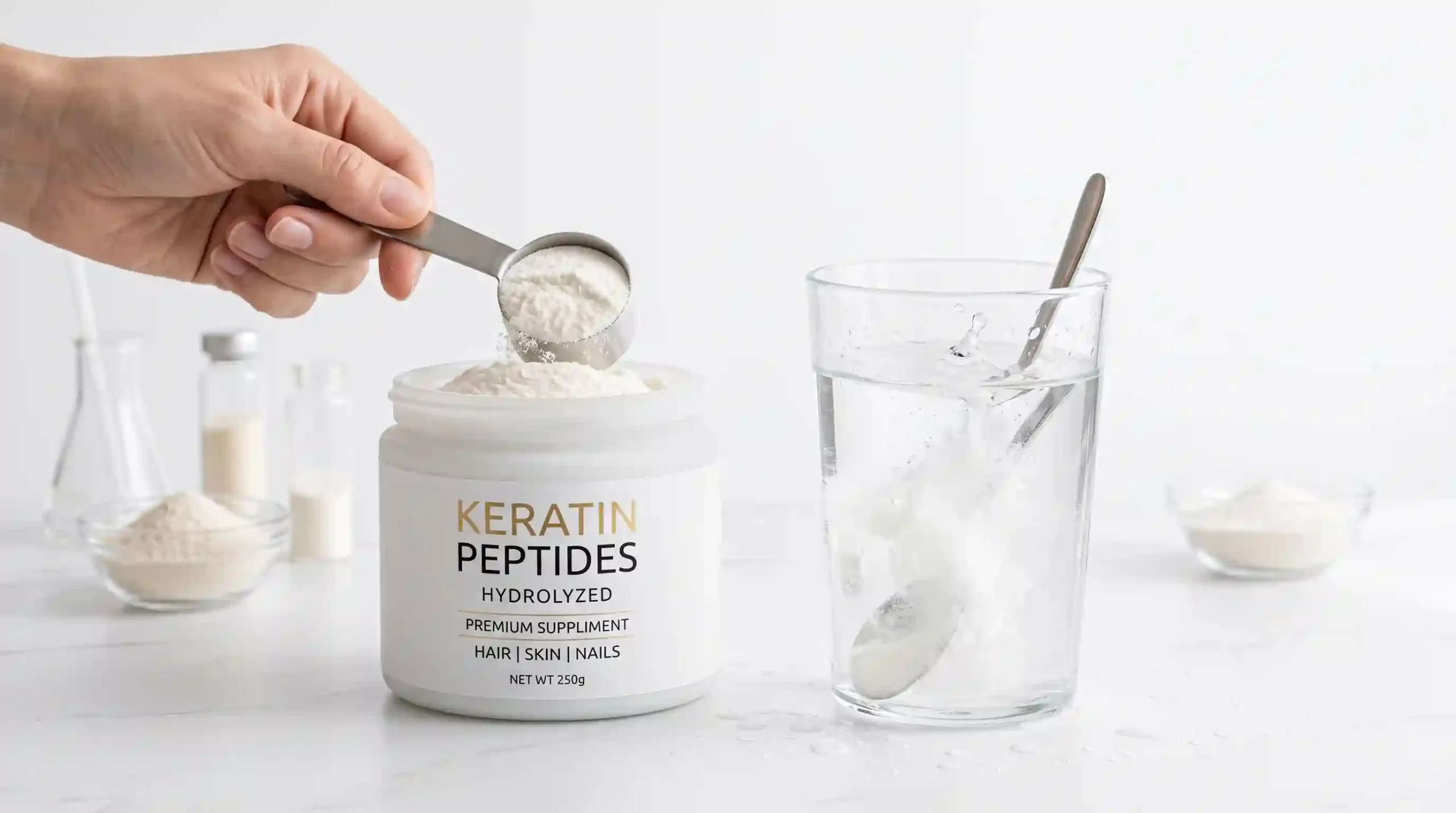 A scoop of hydrolyzed keratin powder to drink dissolving completely in clear water, showing full water solubility of premium keratin supplement powder