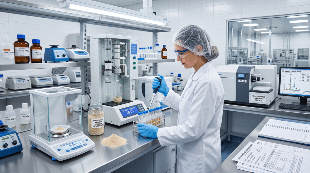 Quality control laboratory testing hydrolyzed keratin powder to drink for protein content and heavy metals