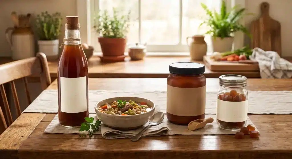 Assortment of beef bone broth based products on a wooden table