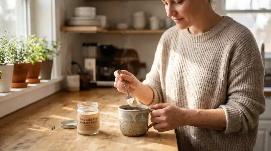 Person stirring beef bone broth protein powder into morning coffee, demonstrating daily use