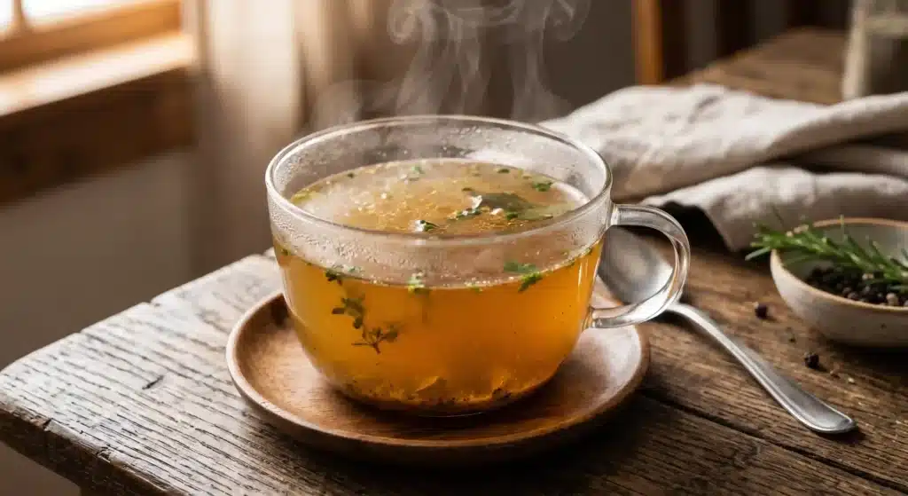 A glass cup of beef bone broth with steam rising on a wooden table