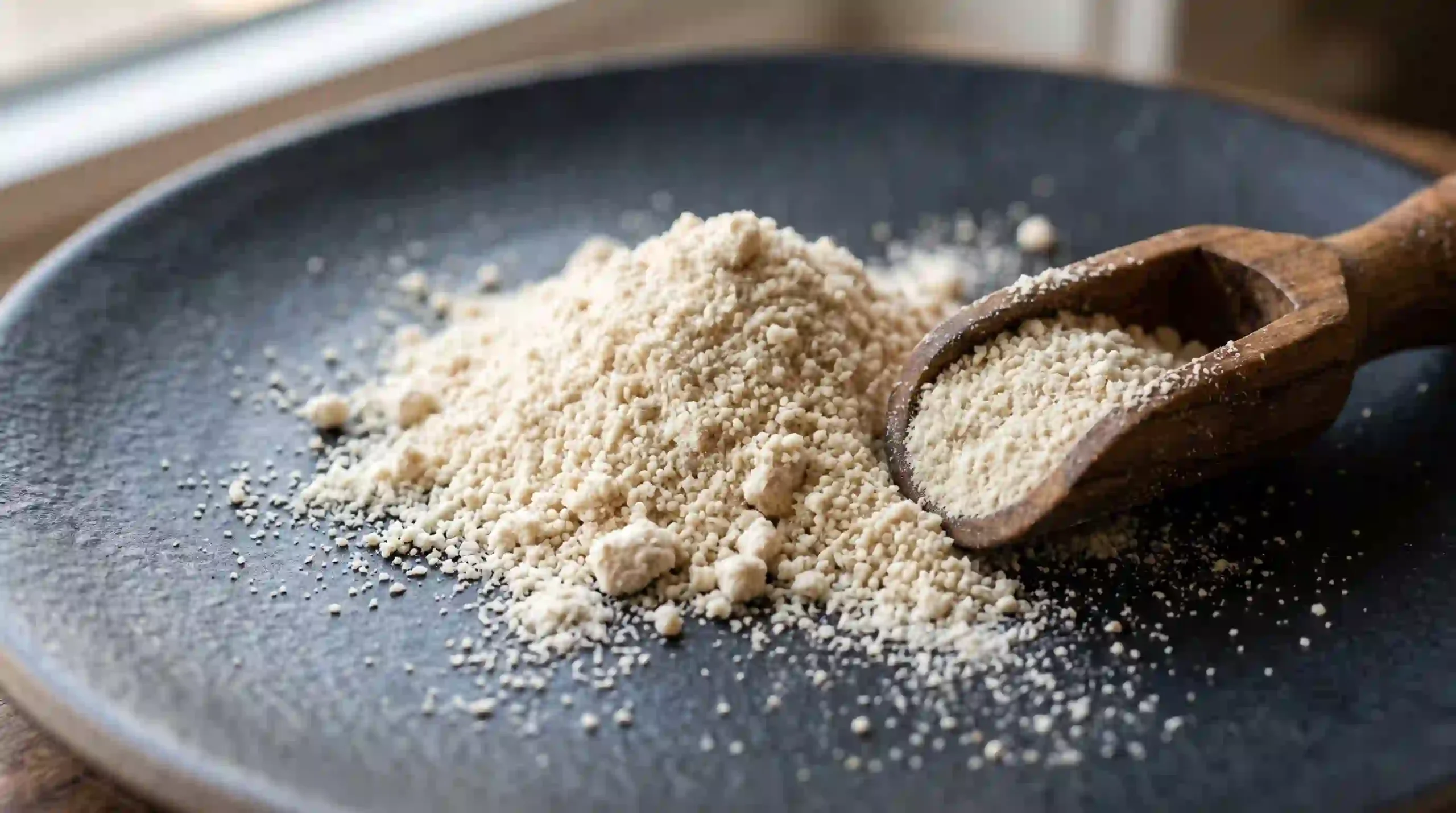 Macro close-up of beef bone broth protein powder on dark ceramic surface with wooden scoop