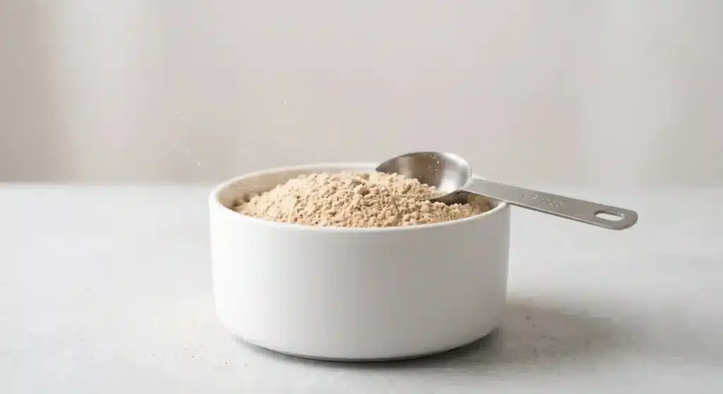Bowl of beef bone broth protein powder with stainless steel scoop