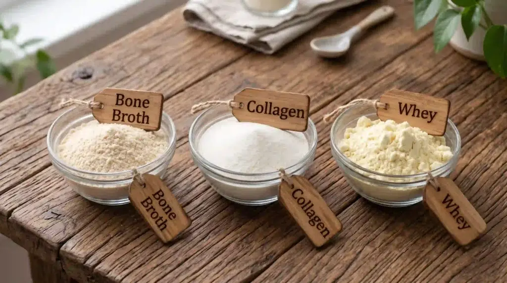 Comparison of beef bone broth protein powder, collagen peptides, and whey protein powders in glass bowls on wood table