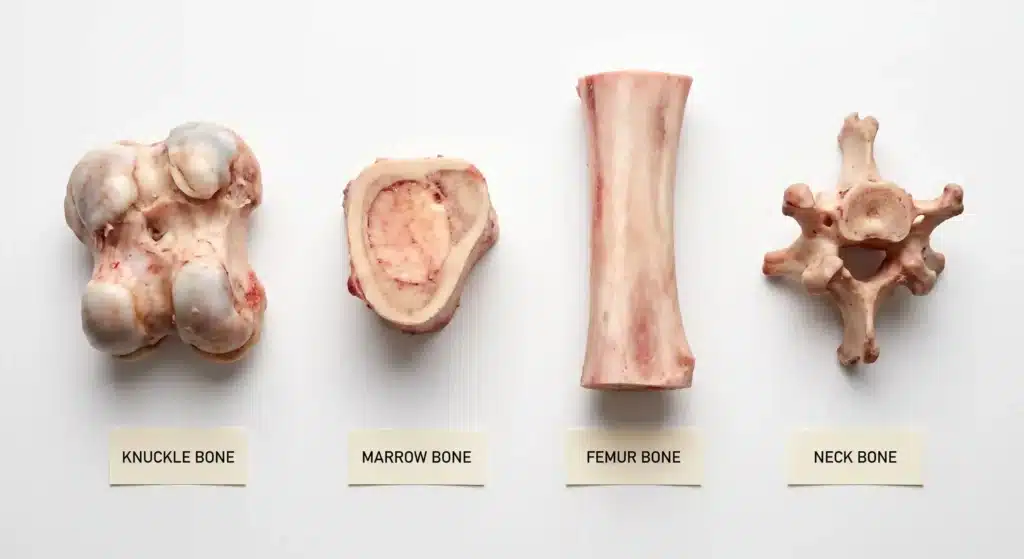 Four types of beef bones arranged for broth making - knuckle, marrow, femur, neck