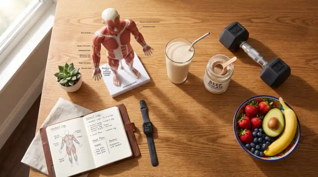 Wellness concept with beef protein shake, dumbbell, and anatomical model representing muscle and joint health benefits