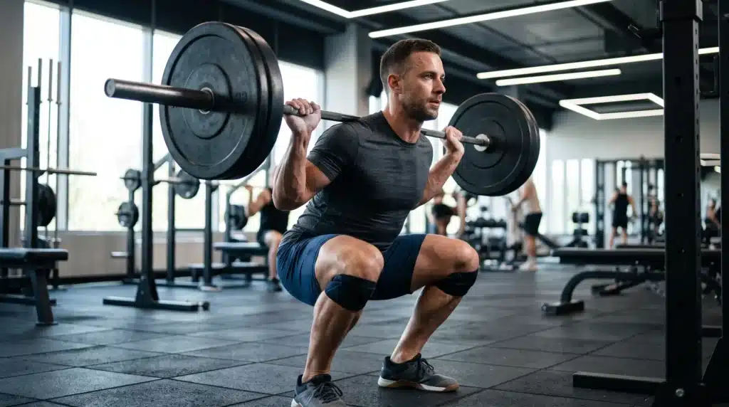 Strong male athlete doing barbell squat, highlighting muscle engagement and joint stress, benefits of beef protein isolate for recovery