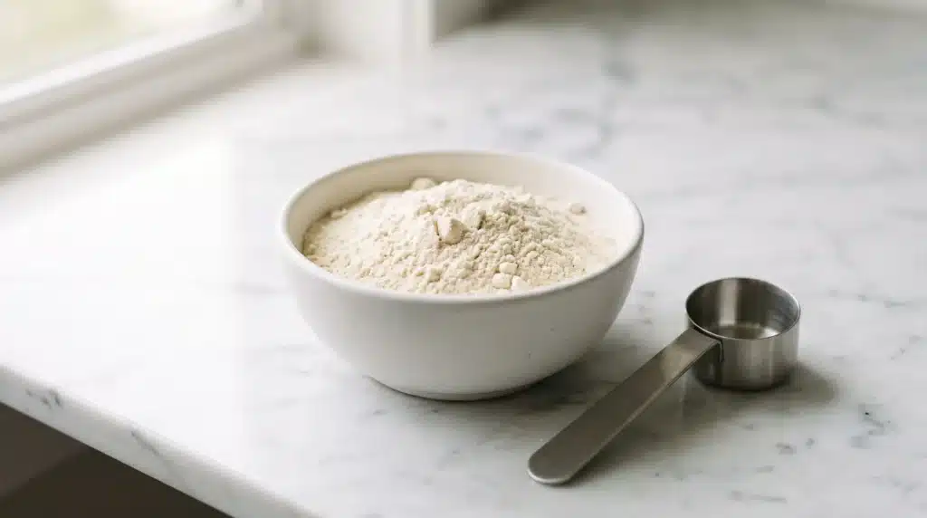 Beef protein isolate powder in a white bowl with a scoop, representing clean dairy‑free protein for muscle and joint health
