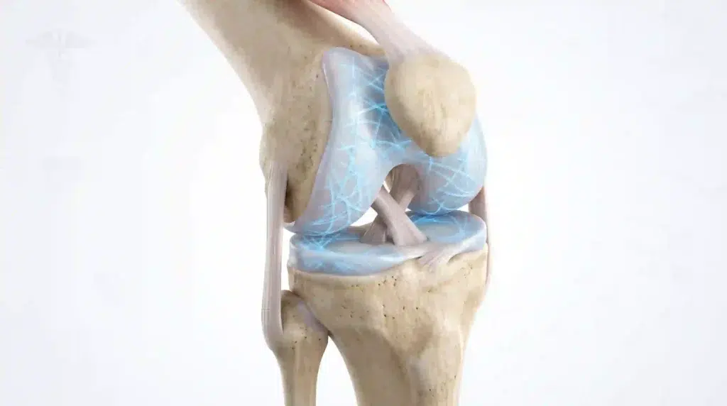 3D illustration of knee joint with collagen fibers showing bone broth protein benefits for cartilage