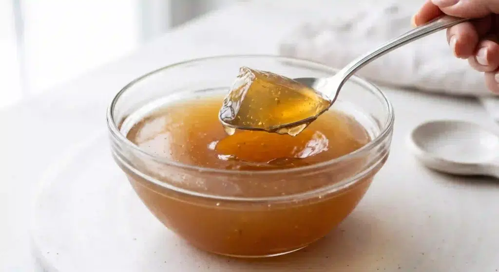 A spoon lifting a firm gel of bone broth, indicating high protein and collagen content.