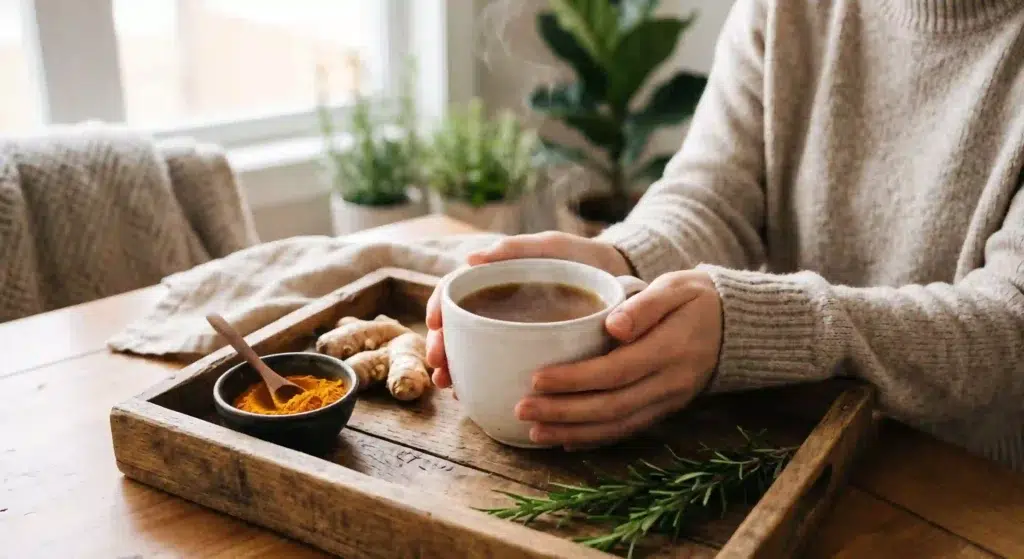 A warm cup of bone broth surrounded by anti‑inflammatory ingredients, symbolizing the health benefits of bone broth protein.