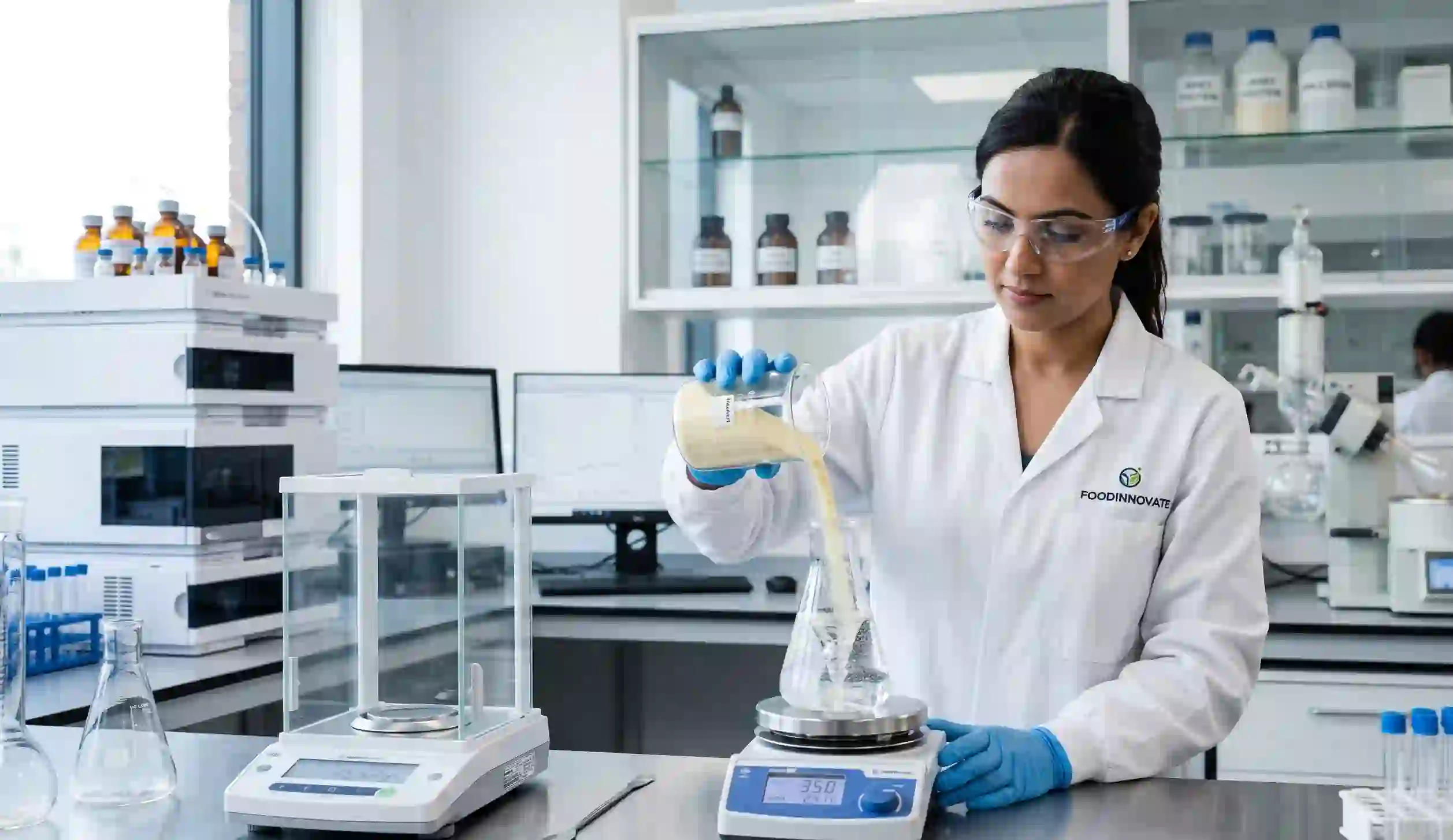 Food scientist testing a bone broth protein formulation in an R&D laboratory for commercial RTM applications.