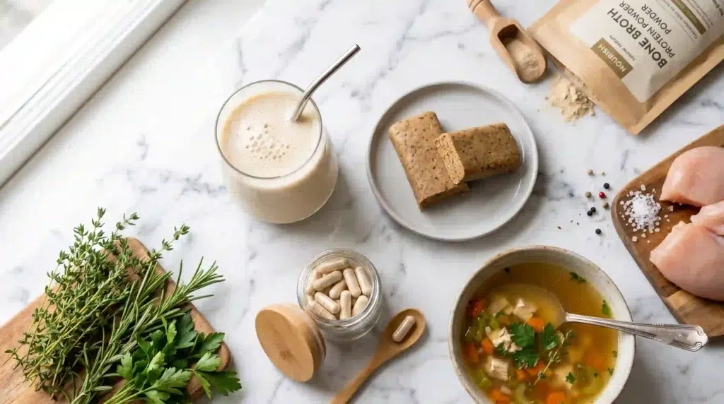 chicken bone broth protein powder uses in supplements shakes bars and soups
