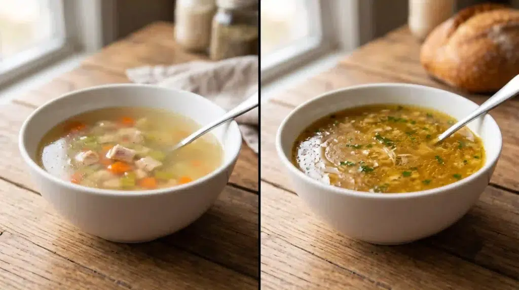 bone broth vs chicken broth protein – visual comparison of thickness and richness