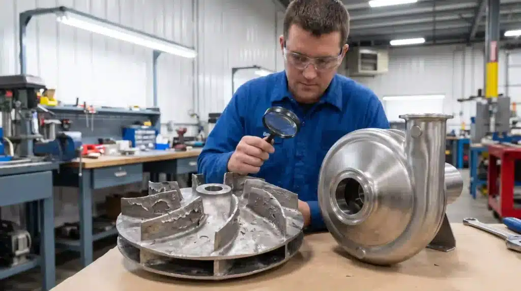 Damaged pump impeller showing cavitation pitting caused by high-viscosity protein solutions in RTD beverage transfer applications.