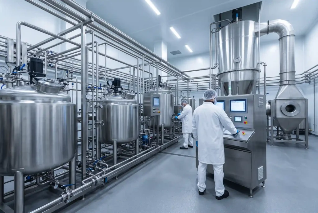Industrial food processing facility with stainless steel tanks and equipment for manufacturing chicken bone broth protein powder through hydrolysis, enzymatic breakdown, filtration, and spray drying