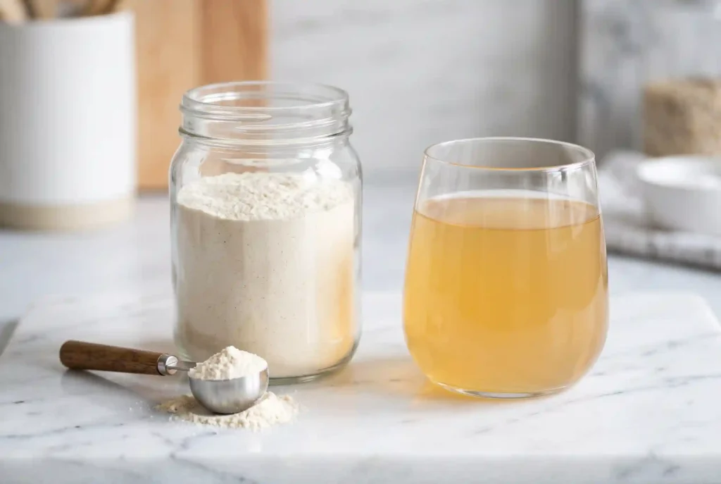 Chicken bone broth protein powder in a white bowl with a scoop, alongside a glass of reconstituted golden bone broth on a minimal surface