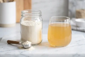 Chicken bone broth protein powder in a white bowl with a scoop, alongside a glass of reconstituted golden bone broth on a minimal surface