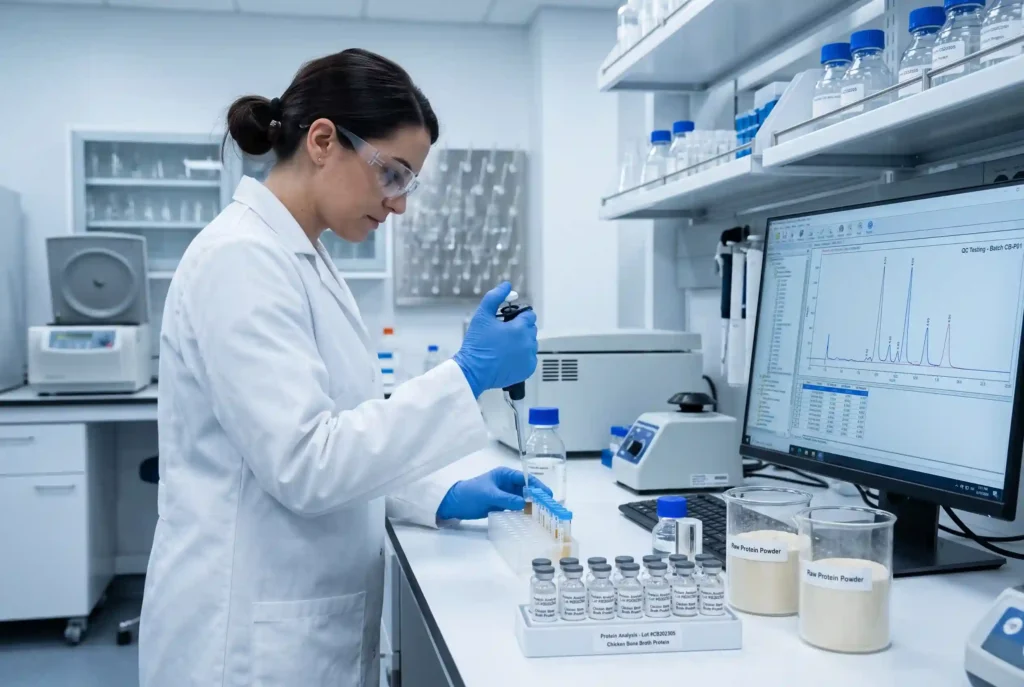 Laboratory quality control testing of chicken bone broth protein powder including protein content analysis, molecular weight distribution, heavy metal screening, and microbiological testing