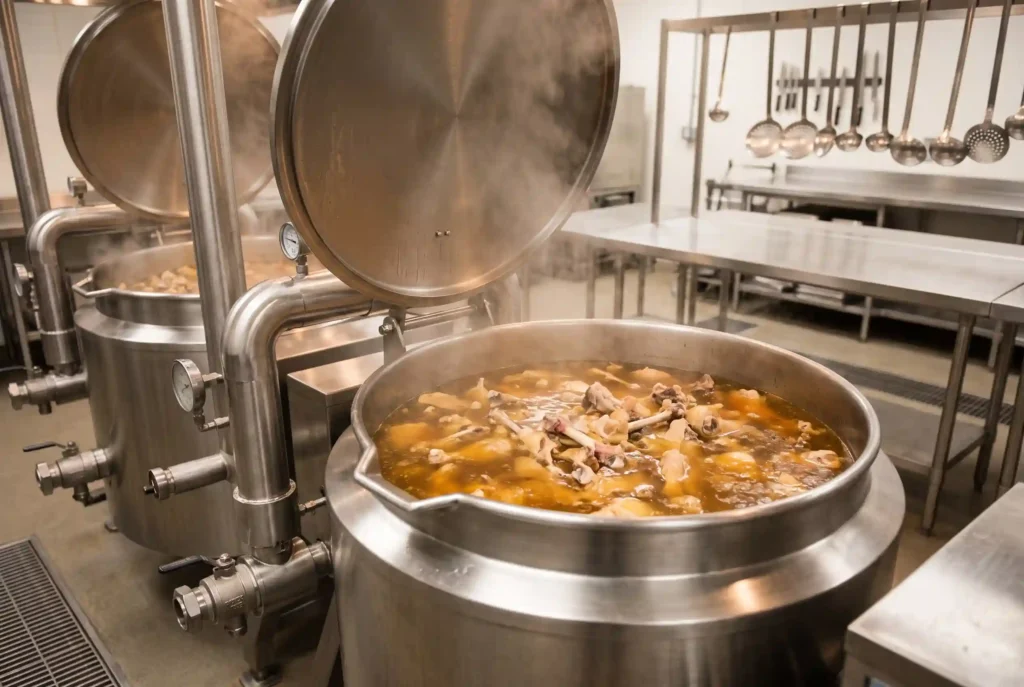 Commercial stockpots simmering chicken bones and connective tissue for 12-24 hours to extract collagen and protein for chicken bone broth production