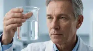 A senior scientist developing a clear liquid supplement formulation for joint health in a sterile lab.