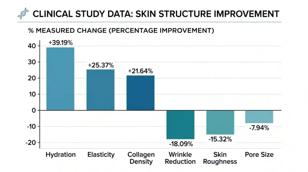 Clinical study results chart showing skin improvement from collagen peptide and elastin flavored drink