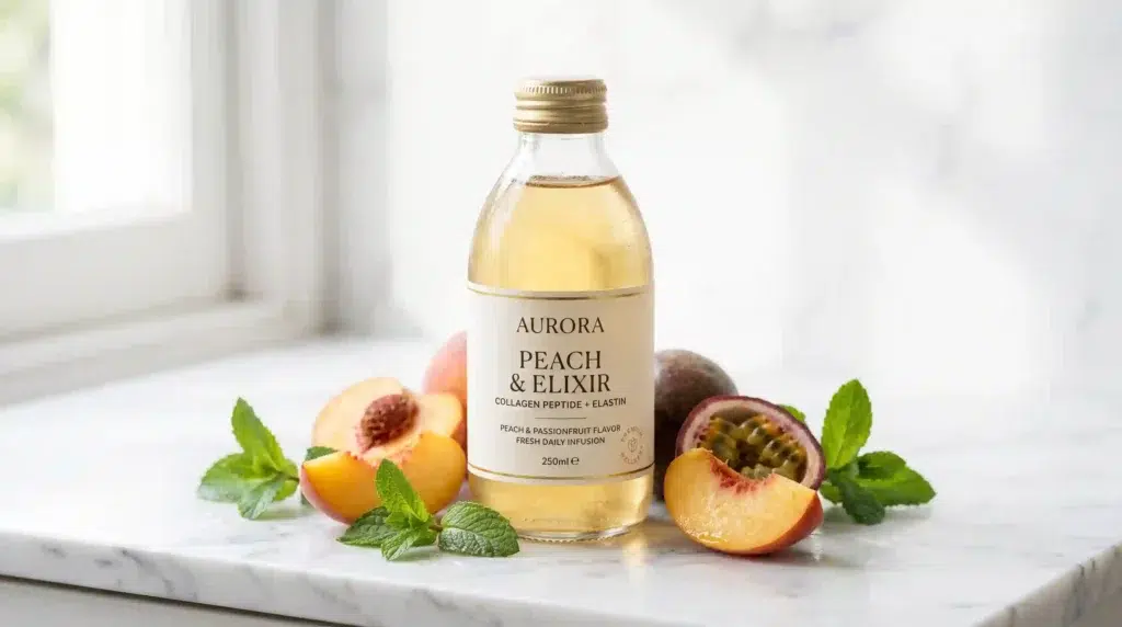 Collagen peptide and elastin flavored drink in glass bottle with peach slices on marble surface
