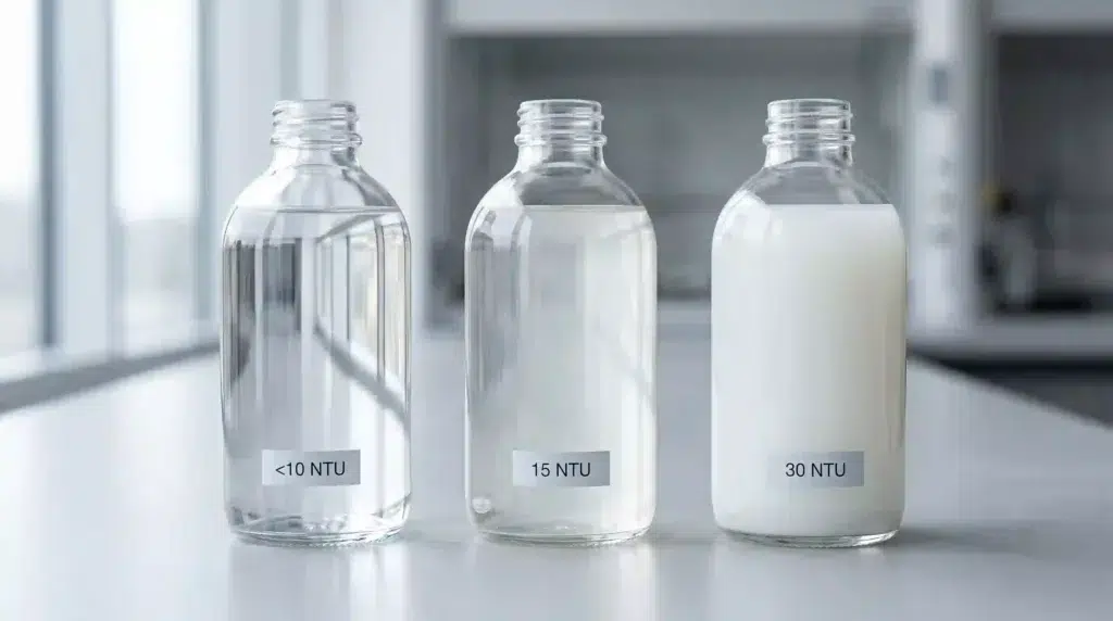 Collagen turbidity comparison: 10, 15, 30 NTU solutions