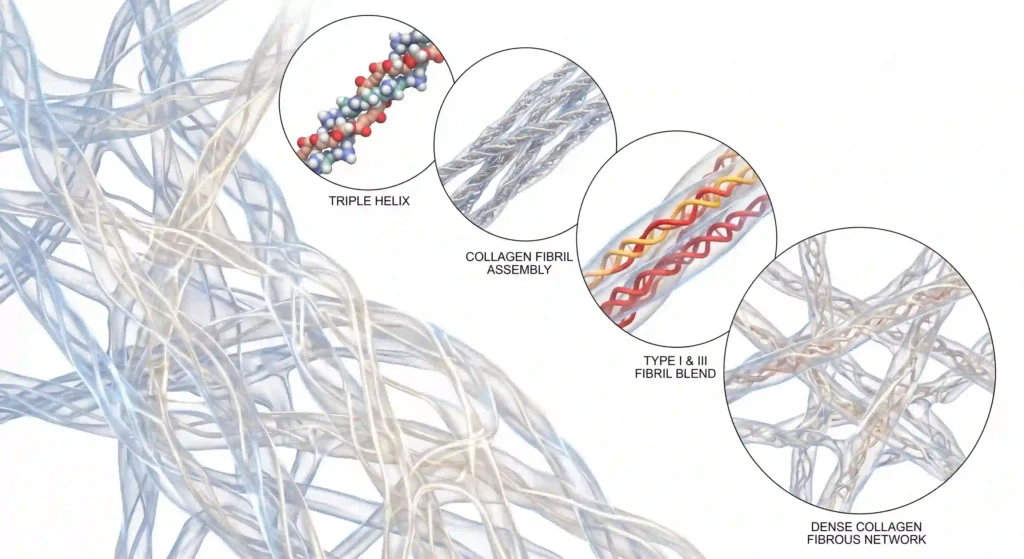 Molecular structure of type 1 and type 3 collagen fibers