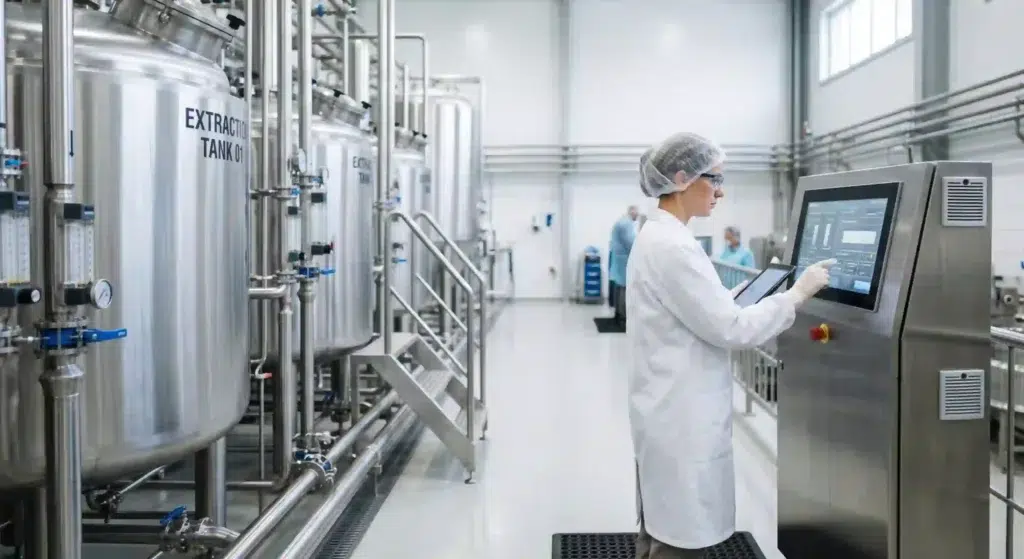 Industrial stainless steel extraction equipment used for commercial bone broth protein production.