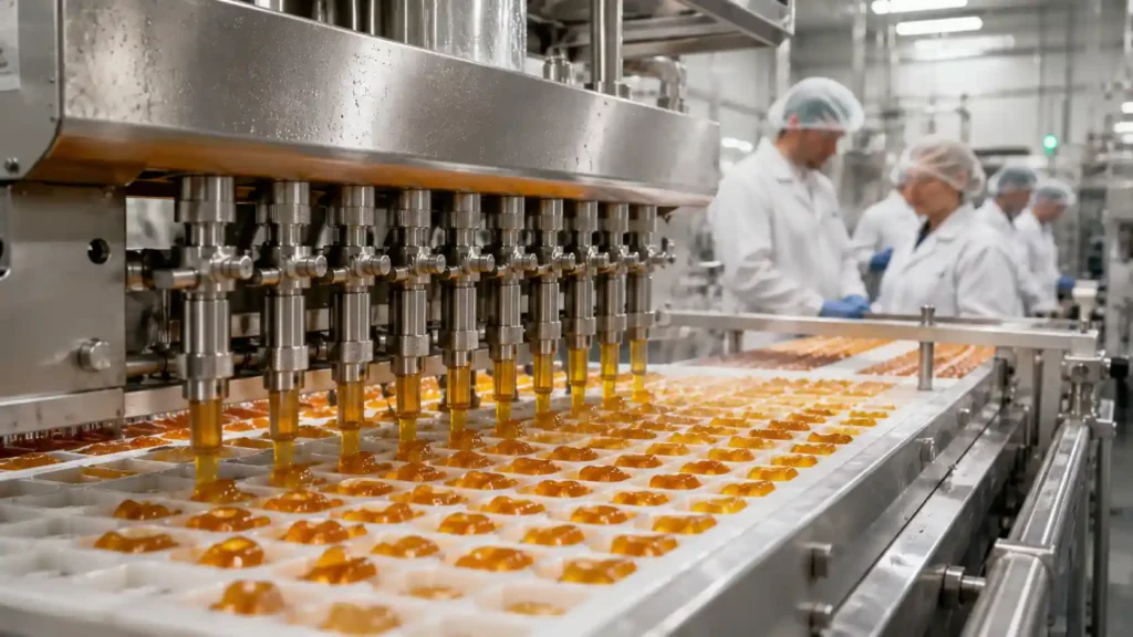 Industrial gummy depositing line processing collagen-based joint health supplements in FDA-compliant facility.