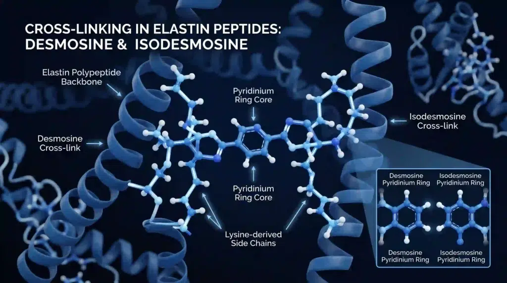 3D molecular structure of desmosine and isodesmosine cross-linking amino acids in elastin peptide