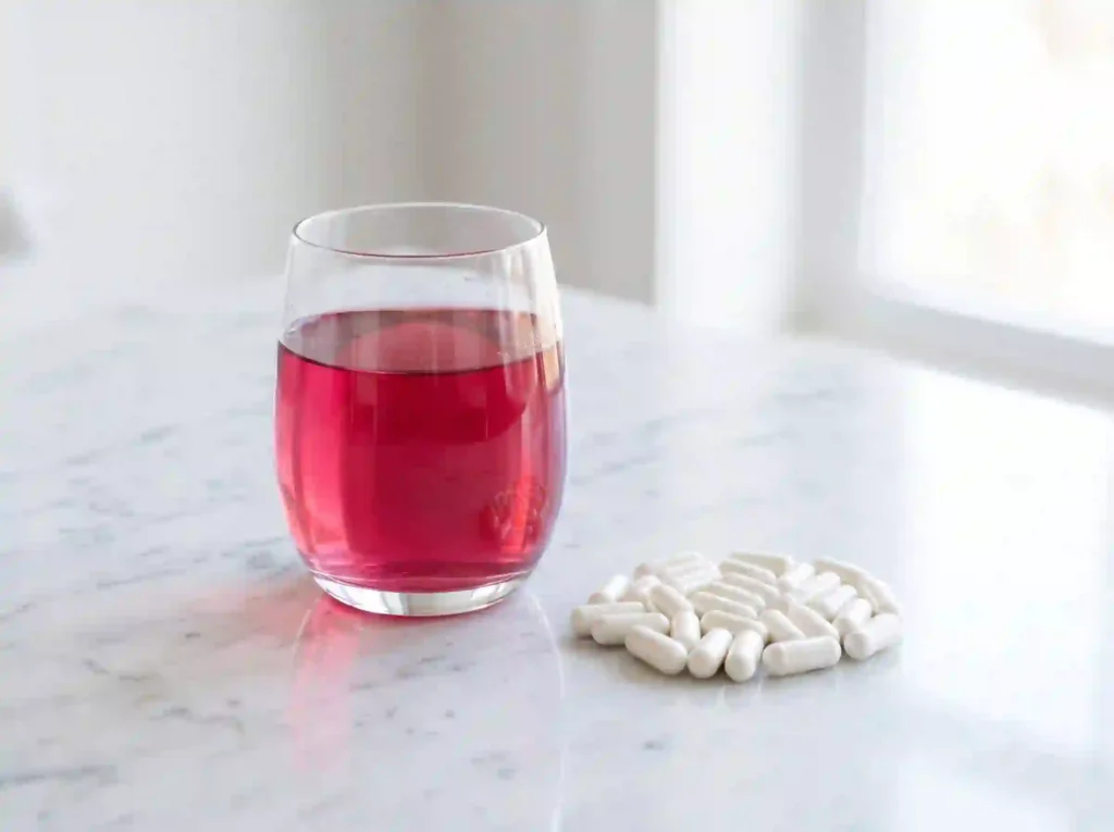 Clear glass of water‑soluble eggshell membrane drink beside a pile of white joint health capsules